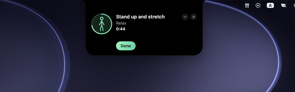 An Ottium alert under the MacBook notch: a timed stand-up stretch with an exercise figure, a countdown ring and a Done button.