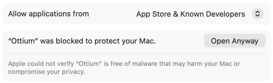 System Settings, Privacy & Security: “Ottium” was blocked to protect your Mac, with an Open Anyway button.